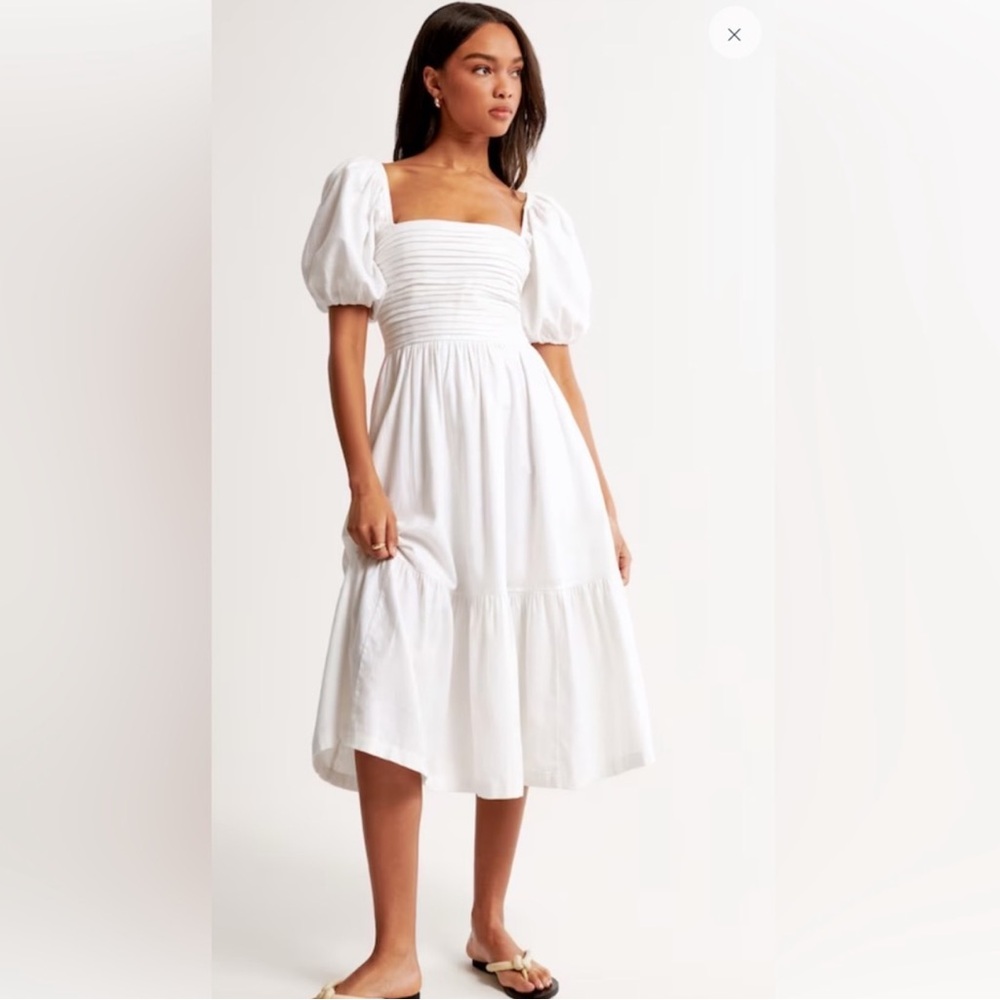 Abercrombie Ruched Puff Sleeve Poplin Midi Dress